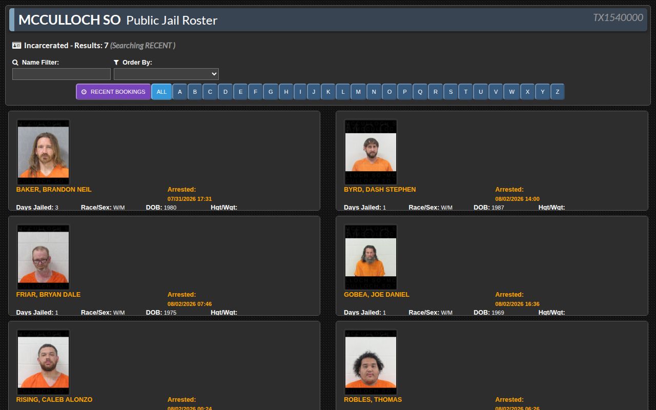 McCulloch County current roster for 72 hour release verification